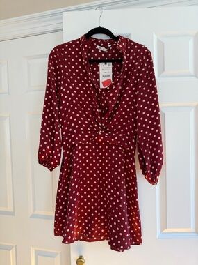 Zara Red Polka Dot Twist-Front Long Sleeve Dress